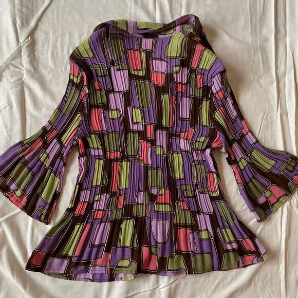 Retro Geometric Square Pleated Blouse 3/4 Bell Sleeves - Picture 12 of 12